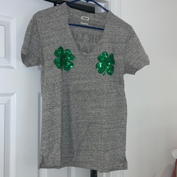 Like New VS PINK St. Patrick’s Day Shamrock Bling Shirt - Picture 2 of 9